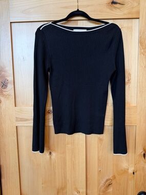 LOFT Boatneck Ribbed Sweater, Size L, Black with White Tipping